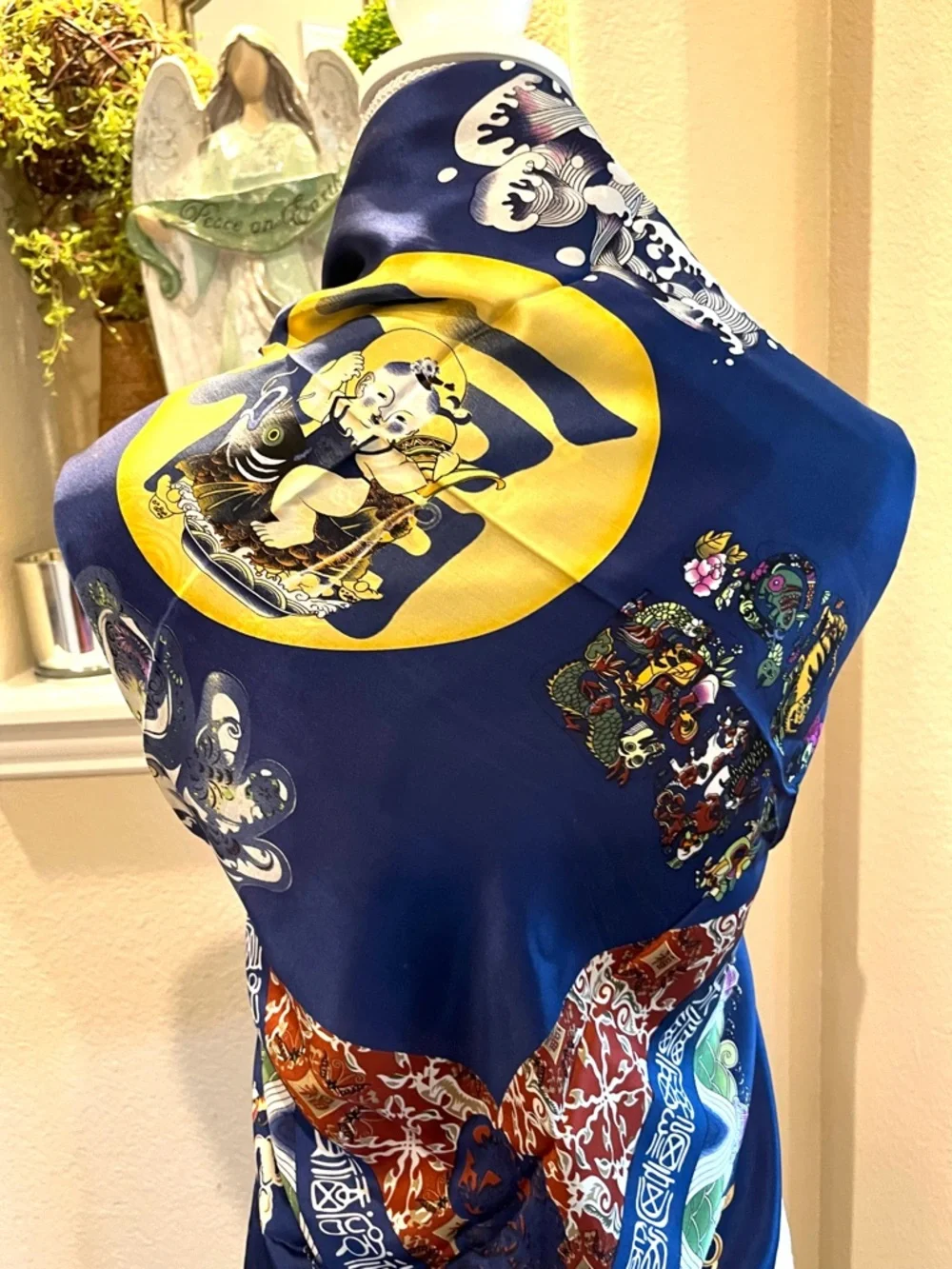 Vintage Silk Scarf Chinese Motif Beautiful colorful Silk Scarf Hand Rolled Edge